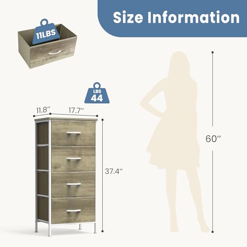 DUMOS Nightstand with 4 Drawers Bedside Table with Removable Fabric Bins Sturdy Steel Frame Wood Top Organizer Furniture for Bedroom Closet Living Room,Oak Greige - color: Oak Greige, size: 11.82"D x 17.71"W x 37.4"H (4 Drawers)
