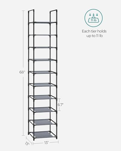 SONGMICS Shoe Rack, 10-Tier Shoe Shelf, Shoe Storage Organizer, 13 x 13 x 68 Inches, Metal Frame, Non-Woven Fabric Shelves, for Entryway, Bedroom, Gray ULSR110G01 - color: Grey, size: 13"D x 13"W