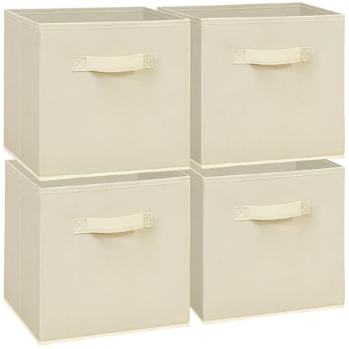 11x11 Storage Bins, Set of 4 Storage Cubes, Collapsible Cube Storage Box, Fabric Closet Organizers with Handles for Home, Office, Closet Shelf Cabinet, Bookcase, Beige - color: Beige, size: 4 Pack