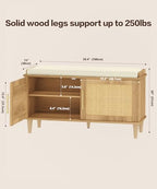 Akxomel Rattan Shoe Storage Bench with Cushion, 2-Tier Entryway Bench with Adjustable Shelves and 2 Doors, 15" D x 39.4" W x 20" H, Solid Wood Legs, for Hallway, Living Room, Bedroom, Natural Oak - size: 15"D x 39.4"W x 20"H