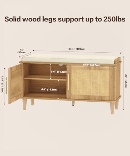 Akxomel Rattan Shoe Storage Bench with Cushion, 2-Tier Entryway Bench with Adjustable Shelves and 2 Doors, 15" D x 39.4" W x 20" H, Solid Wood Legs, for Hallway, Living Room, Bedroom, Natural Oak - size: 15"D x 39.4"W x 20"H