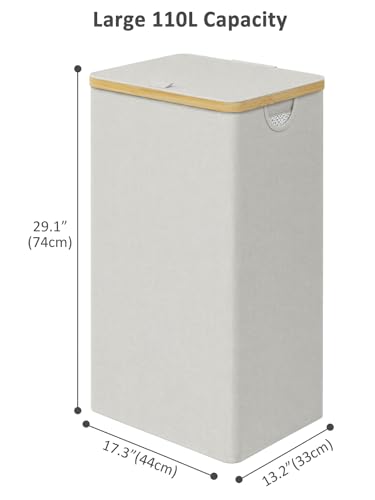 iEGrow 110L Laundry Basket with Lid, Laundry Hamper with Bamboo Handle,Clothes Basket Organizer with Removable Inner Bag for Clothes Towels,Light Grey - color: Light Grey, size: 110L