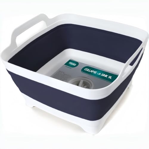 FOSJGO 2.4 Gal(9L) Collapsible Dish Basin with Drain Plug,Space Saving Multiuse Foldable Sink Tub,Dishpan,Kitchen Sink for Camping,Plastic Tub,Vegetable Washing,RV - color: Navy blue