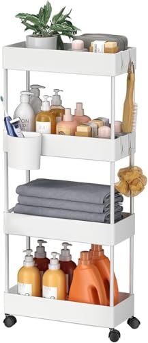 Pipishell Slim Storage Cart with Wheels, 4 Tier Bathroom Storage Organizer Rolling Utility Cart for Bathroom Kitchen Laundry Room Office Narrow Place (White) - color: White, size: 4-Tier