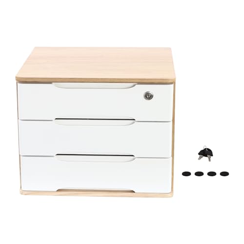3-Tier Desk Organizer with Lockable Drawers,1 Locks & 2 Keys, Categorized Storage Desktop File Cabinet,Wooden Desktop Storage Box (Wood Color, White) - color: Wood Color/White-3 Tiers