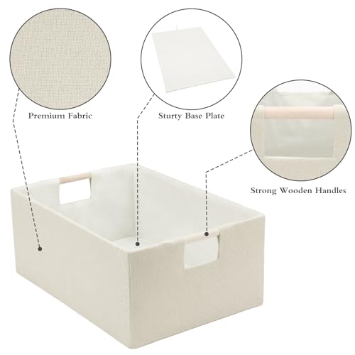 Foldable Fabric Storage Baskets Set of 2 for Shelves, Linen Decorative Storage Bins with Wooden Handles, Small Organizer Cubes for Closet, Rectangle Canvas Boxes for Organizing, Decor (Beige 2 Pack) - color: Beige 2 Pack