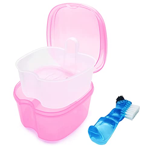 Denture Bath Case Denture Soaking Cup with Brush, Denture Holder Case Retainer Cleaning Case False Teeth Storage Box for Travel and Daily Use - color: Light Pink