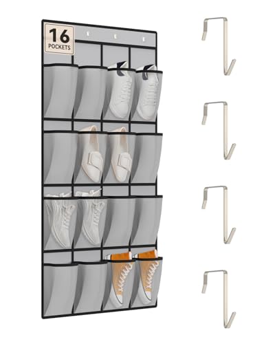 dodowin Over the Door Shoe Organizer Rack, 16 Large Breathable Mesh Pockets, Foldable Hanging Storage Holder for Closet Door, Space Saving Shoe & Accessory Organizer with 4 Metal Hooks, Gray - color: Gray, size: 16 Pockets