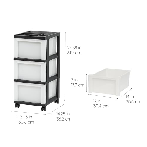 IRIS USA Plastic Drawer Storage Organizer Rolling Cart, with Wheels Casters, 3-Drawers, for Classroom Art Craft Supplies Dresser Closet Bathroom Laundry Room, Black/Pearl - color: Black, size: 3 Drawer with Wheels