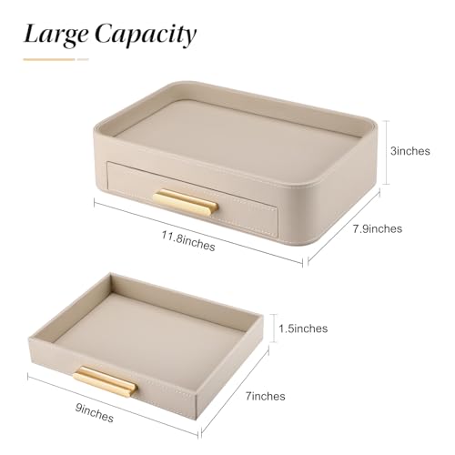 GORESE Valet Jewelry Tray Nightstand Organizer with Drawer, PU Leather Perfume Tray Trinket Trays for Vanity Bathroom Entryway, Catchall Trays for Key Purse Watch Cologne, Gift for Women Men, Beige - color: Beige