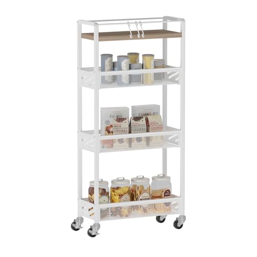 DGSNADGO Slim Rolling Storage Cart, 4-Tier Kitchen Cart on Wheels, Narrow Utility Cart with Handle and Wooden Tabletop for Small Space in Kitchen, Living Room, Bathroom, Laundry Room, Beige and White - color: Beige+white