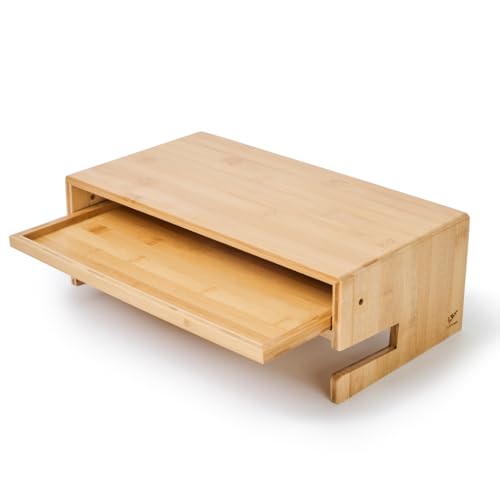 Monitor Stand Desk Top Organizer with Storage Drawer & Phone Holder,Bamboo Monitor Stand with Keyboard Tray, Wide Monitor Riser Non Slip Desk Riser