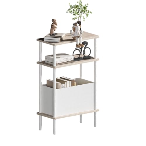 Narrow Side Table with Fabric Basket, End Table for Small Spaces, Slim Nightstand with 3-Tier Storage Shelf, Sofa Beside Table, for Living Room, Bed Room, Natrual Oak - color: Natrual Oak