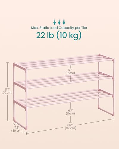 SONGMICS Shoe Rack, 3-Tier Shoe Organizer, Metal Storage Shelf, Upright or Upside Down, for 16-20 Pairs, Stackable, for Entryway, 11.8 x 36.2 x 21.7 Inches, Jelly Pink ULSA303S01 - color: Jelly Pink, size: 3 Tiers (36.2"W)