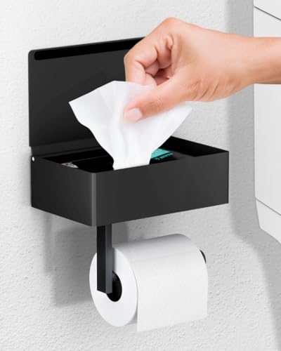 Day Moon™ - Toilet Paper Holder with Shelf - Modern Roll Holder for Bathroom - 1 Pack - Wall Mount - with Storage, Black - color: Matte Black, size: Storage 1 Pack
