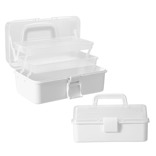 11(in) Versatile Three-Layer Folding Organizer Box,Ideal for Art & Crafts,Toys,Sewing Supplies,Jewelry and Tools,Storage with Dual Trays,Elegant White - color: White