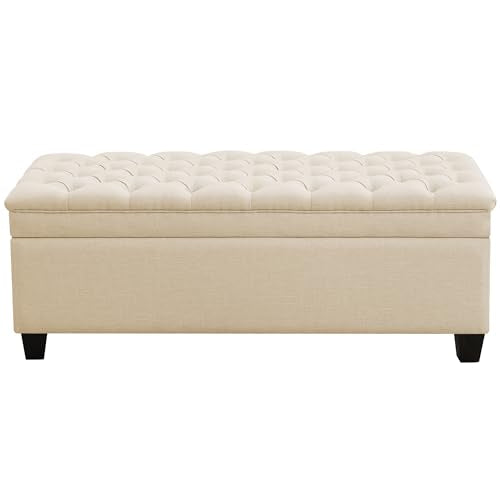 WUTUTUEE 51" Fabric Storage Ottoman Bench, Upholstered Rectangle End of Bed Storage Ottoman Tufted Living Room Bedroom Bench with Safety Hinge, Solid Wood Legs, Loads 500 lb(Khaki) - color: Khaki-fabric