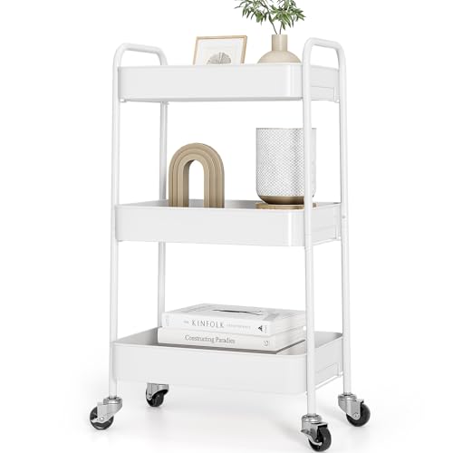 TOOLF 3-Tier Rolling Cart - Metal Utility Storage Organizer with Lockable Wheels, 33 lbs Per Shelf, Tool-Free 5-Min Assembly, for Kitchen Bathroom Office Nursery Craft Room, White - color: White, size: 3-Tier