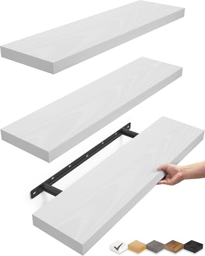 BAYKA White Floating Shelves for Wall, Set of 3, 22.5 Inches Wall Mounted Rustic Wood Shelves for Bathroom, Bedroom, Living Room or Kitchen, Hanging Shelf for Books/Storage/Decor/Display - color: C. White - Modern Minimalist Style, size: 22.5inches