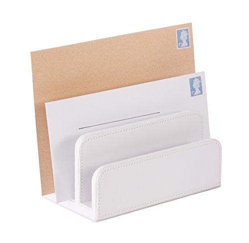 OSCO Faux Leather Mail Sorter & Envelope Organiser – Desk File Storage Stand with Display Slots – Modern Letter Holder Tray Minimalist Home & Office – White - color: White