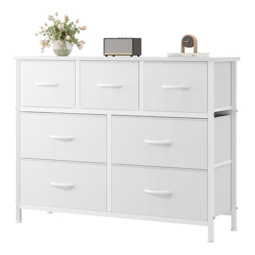 OLIXIS 7 Drawer Closet Organizer Chest, Fabric Storage Tower with Sturdy Steel Frame, Wooden Top & Easy Pull Fabric Bins, Dresser for Bedroom Living Room Entryway Clothes Organization, White - color: White, size: 11.8"D x 39.4"W x 30.1"H (7 Drawers)