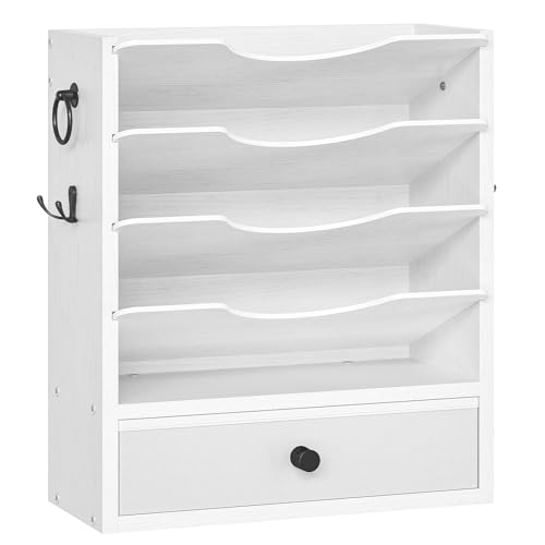 HOOBRO Wall File Organizer, Mail Organizer Wall Mounted, Wooden Literature Organizer, Construction Paper Organizer with Drawer Storage and 2 Hooks, for Office, Classroom, Home, White WT14WF01 - color: White