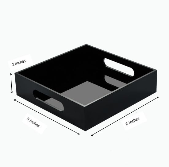 KEVLANG Black Sturdy Acrylic Tray with Handles-8x8 Inch- Countertop Organizer Tray for Kitchen,Bathroom,Office- Storage Box for Cosmetics, Jewelry,Toiletries,Toy,Gadgets - color: Glossy Black, size: 8" x 8" x 2"