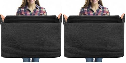 OIASKET 95L Extra Large Blanket Basket, 24" x 16.9" x 14.2" Woven Storage Basket for Living Room, Rectangle Nursery Blanket Storage for Toys, Towels, Dirty Clothes (Black) (Pack of 2) - color: Black, size: 24"x16.9"x14.2" (Pack of 2)