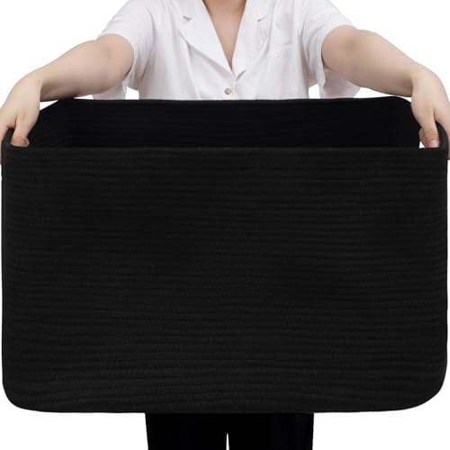 Optish 95L Large Blanket Basket, Woven Storage Baskets with Reinforced Handles, Rope Laundry Basket for Living Room, Bedroom, Nursery, Toys, Clothes,Pillows, 24” x 17” x 13.5”, Black - color: Black, size: 24" x 17" x 13.5"(95L)