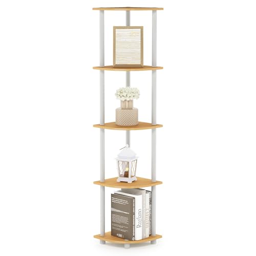 Furinno TURN-N-TUBE Corner Shelf, 5-Tier Corner Bookshelf, Open Storage Shelves, for Organization and Storage, Living Room, Home Office, Garage, Bedroom, Beech - color: Beech/White, size: 1-Pack