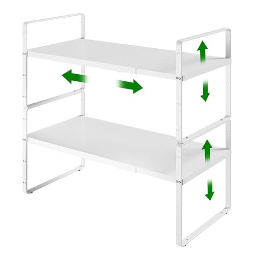 Expandable Cabinet Organizer Shelf, Adjustable Height Organizer Riser for Kitchen Cabinet Spice Rack Locker Pantry Cupboard Under Sink Countertop Desk Organization Metal Stackable Shelves - color: White-2pack