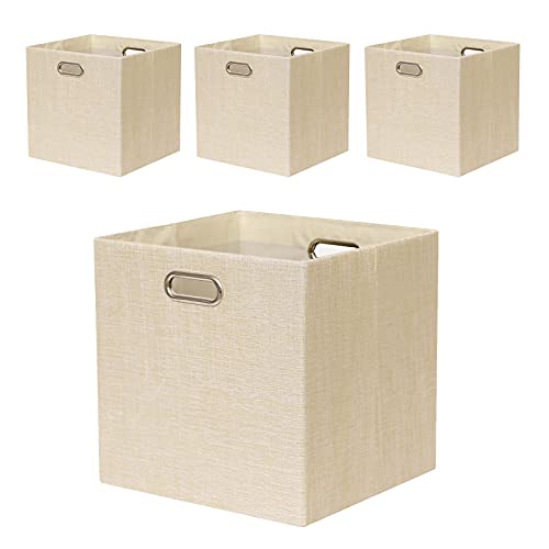 Cube Storage Bins 13×13 Inch Linen Foldable Box with Handles, Collapsible Organization Basket Set of 4 Large Capacity Drawer for Closet Shelf Cabinet Bookcase Bedroom, Beige - color: Beige