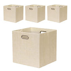 Cube Storage Bins 13×13 Inch Linen Foldable Box with Handles, Collapsible Organization Basket Set of 4 Large Capacity Drawer for Closet Shelf Cabinet Bookcase Bedroom, Beige - color: Beige
