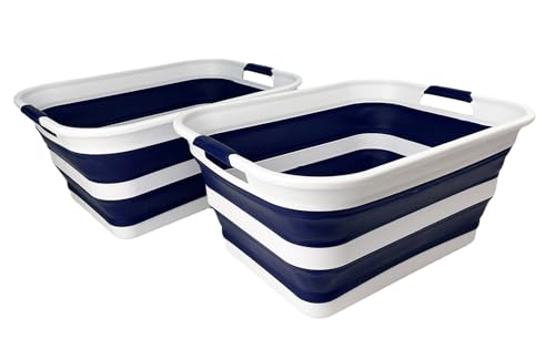 SAMMART Collapsible Plastic Laundry Basket with Handle/Foldable Pop Up Storage Hamper/Portable Laundry Organizer-Space Saving Washing Tub/Household Storage (White/Starry Blue, 42L (Set of 2)) - color: White/Starry Blue, size: 42L (Set of 2)