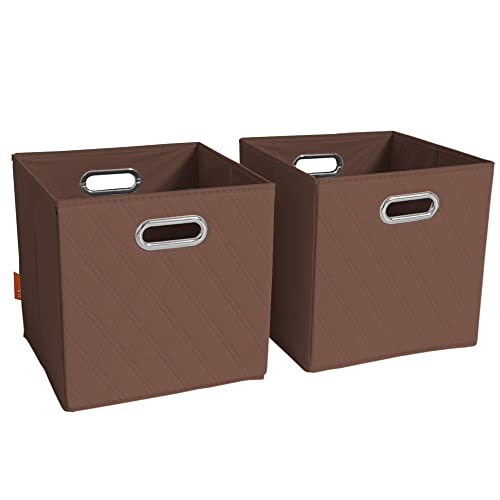FH Group JIAessentials 12" Faux Leather Foldable Storage Cube Bins Set of 2 – Brown Diamond Patterned Organizers with Handles for Closet & Shelves - color: Brown, size: Medium