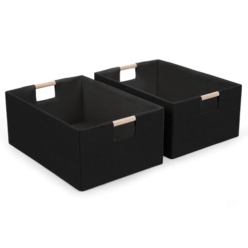 Foldable Fabric Storage Baskets Set of 2 for Shelves, Linen Decorative Storage Bins with Wooden Handles, Small Organizer Cubes for Closet, Rectangle Canvas Boxes for Organizing, Decor (Black 2 Pack) - color: Black 2 Pack