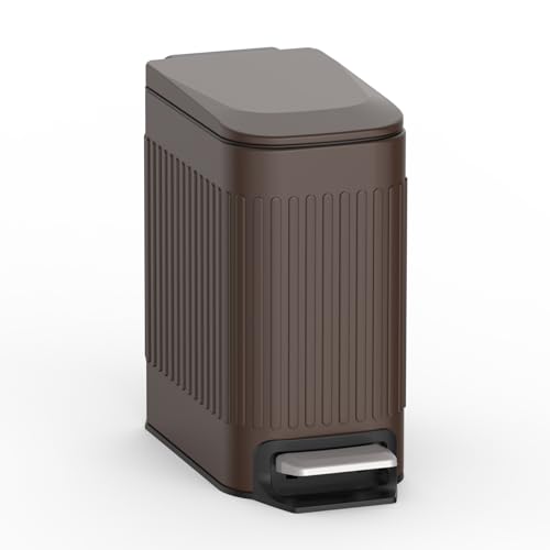TrashAid Slim Bathroom Trash Can with Lid Soft Close, 6 Liter/1.6 Gallon Stainless Steel Small Garbage Can with Removable Inner Bucket, Step Pedal, Slim Wastebasket for Toilet, Office, Bedroom, Brown - color: Brown