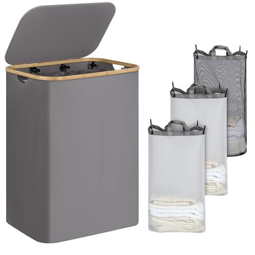 iEGrow Laundry Basket with Lid, 160L Laundry Hamper with Bamboo Handle,Clothes Basket Organizer with Removable Inner Bag for Clothes Toys Towels,Light Grey - color: Grey, size: 160L
