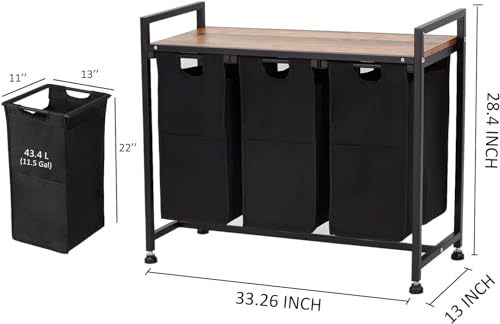 Laundry Hamper - 3 Compartment Laundry Sorter with 28.5 Gallon Capacity, Removable Liners and Multifunctional Design for Laundry Room, Bathroom, and Bedroom.