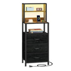 Furnulem Night Stand, Tall Nightstand with 4-Tier Shelves and 3 Fabric Drawers, LED Bed Side Tables with Charging Station, Bedside Table for Bedroom, Hallway, Home Office, Black Oak - color: Black Oak, size: 3 Drawer