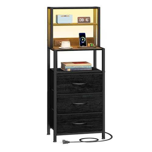 Furnulem Night Stand, Tall Nightstand with 4-Tier Shelves and 3 Fabric Drawers, LED Bed Side Tables with Charging Station, Bedside Table for Bedroom, Hallway, Home Office, Black Oak - color: Black Oak, size: 3 Drawer