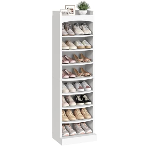 YATINEY 9-Tier Tall Shoe Rack, Wooden Shoe Storage Organizer, Narrow Shoe Cabinet with Removable Shelves for Small Spaces, Holds 18 Pairs of Shoes, for Entrance, Hallway, White SS22WT - color: White, size: 18.9"L x 13.4"W x 65.7"H