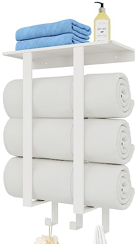 Towel Racks for Bathroom White, Bathroom Towel Rack with Shelf and 3 Hooks Wall Mounted, Towel Storage Rack for Small Bathroom - color: White, size: Square Tube