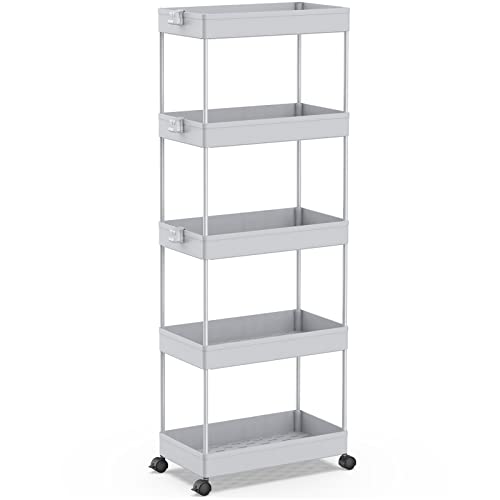 SPACEKEEPER 5-Tier Rolling Cart, Bathroom Storage Organizer Utility Cart, Mobile Shelving Unit Slide Out Shelves for Kitchen Living Room Laundry Room & Dressers,Gray - color: Grey, size: 5 Tier