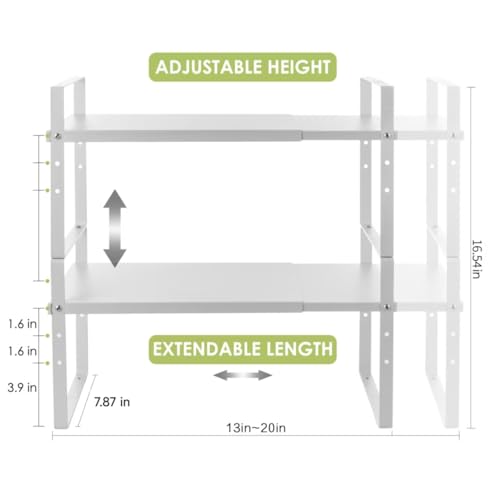 Across-Star Expandable Cabinet Shelf Organizer Rack, Stackable Kitchen Counter Storage Shelves Stand, Adjustable Height Pantry Shelf Spice Rack (White, 2 Pack) - color: White-2 Pack, size: 7.87''D*13-20''W*8.27''H