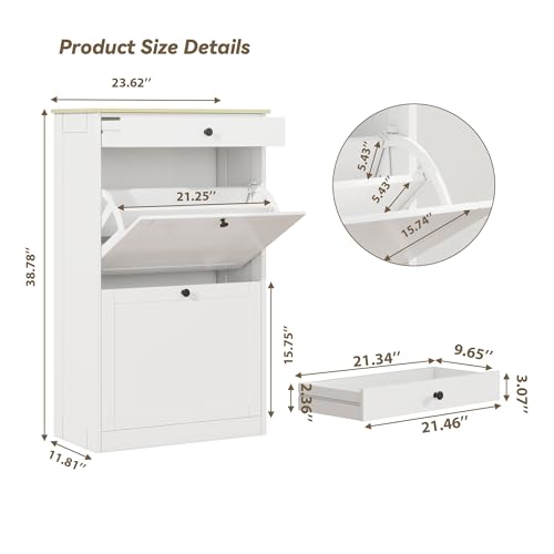 FTZxHKLX Shoe Cabinet with 2 Flip Drawers, Slim Wooden Hidden Shoe Organizer with Drawer, Pet-Proof Narrow Shoe Storage Cabinet for Entryway Living Room Behind The Door - color: White+wood Grain, size: 1pcs