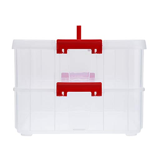 BTSKY 2 Layer Stack & Carry Box, Plastic Multipurpose Portable Storage Container Box Handled Organizer Storage Box for Organizing Stationery, Sewing, Art Craft, Jewelry and Beauty Supplies(Red) - color: Red