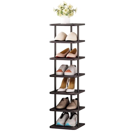 SORCEDAS 7 Tiers Vertical Shoe Rack Wooden Shoe Storage Organizer for Space Saving Narrow Shoe Shelf Storage 7 Pairs for Entryway Living Room Bedroom(Black + Rustic Dark Brown) - color: Black + Rustic Dark Brown, size: 7 Tier-Standard