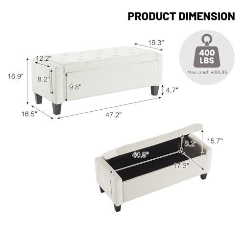 Virabit Velvet Storage Ottoman Bench, End of Bed Bench with Button, Two Side Storage Pockets, Organizer Storage Chest, Upholstered Foot Rest with Legs, Load up to 400 lb, Beige