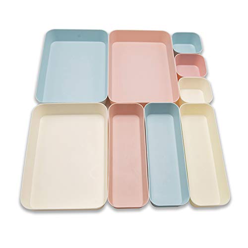 Backerysupply (9 Piece Set) Large Size Plastic Desk Drawer Organizers For Makeup Bathroom Office Kitchen Three Colors - color: Three Colors